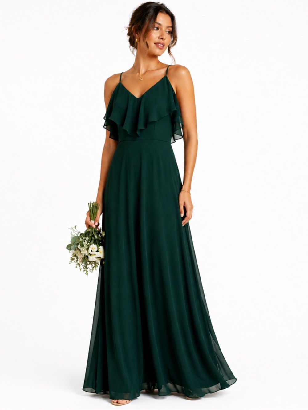 Birdy Grey Emerald Green Ruffle Chiffon Maxi Dress S bridesmaid wedding guest